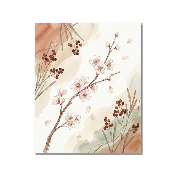 Toile canvas 40×60 cm représentant une branche de cerisier en fleurs en aquarelle minimaliste, tons terra cotta, beige et vert sauge, sur fond blanc — tableau cerisier printanier décoration murale