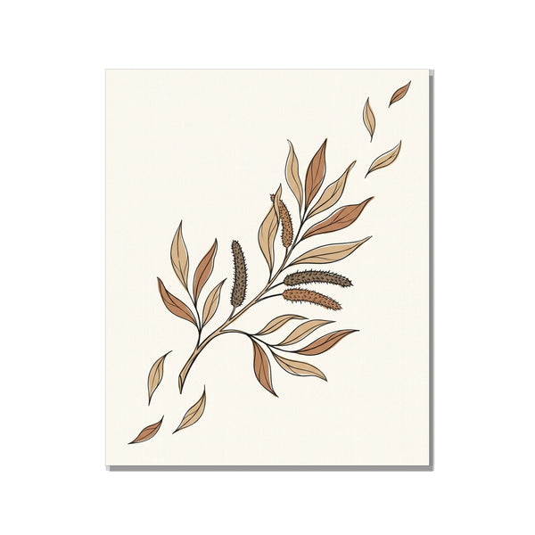 Tableau toile décoration intérieur végétal discret – line-art d'une branche de châtaignier en fleur, 40×60 cm, fond blanc studio