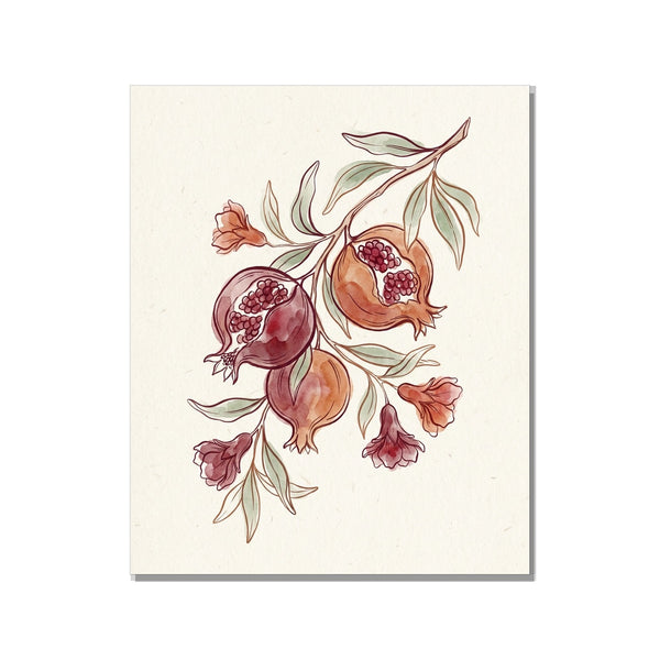 Toile décorative botanique grenadier sur fond blanc – illustration aquarelle branche grenat, fleurs terracotta et feuilles vert sauge, canvas 40×60 cm