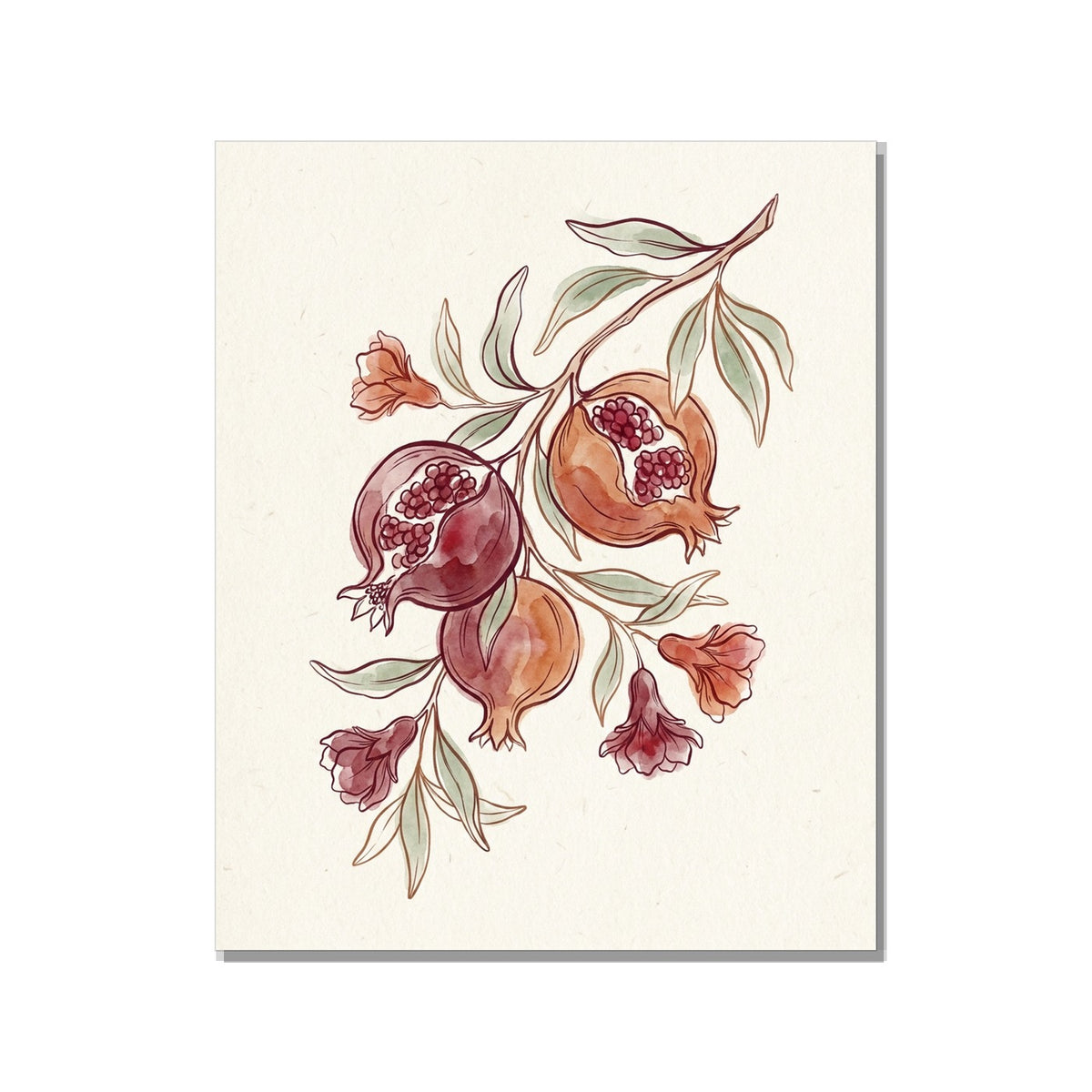 Toile décorative botanique grenadier sur fond blanc – illustration aquarelle branche grenat, fleurs terracotta et feuilles vert sauge, canvas 40×60 cm