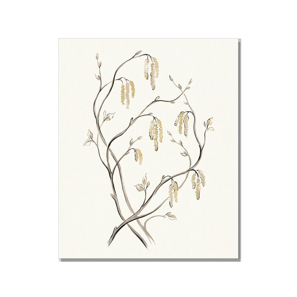 Tableau canvas fleurs épuré 40×60 cm – illustration line art branches de noisetier en fleur, tons crème, taupe et or pâle, sur fond blanc