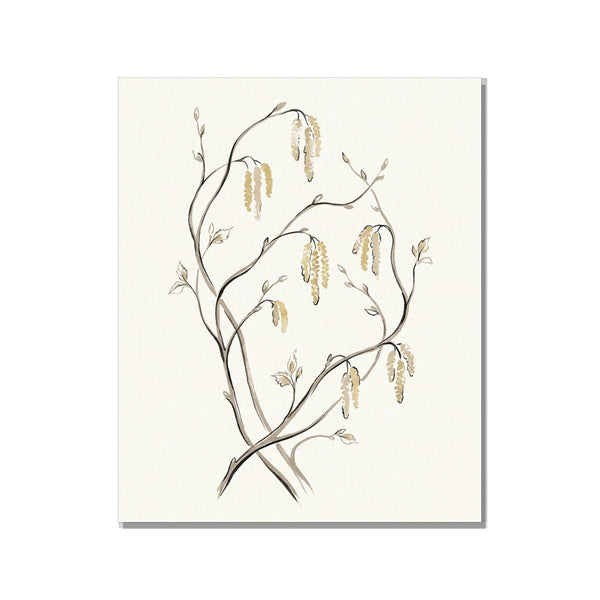 Tableau canvas fleurs épuré 40×60 cm – illustration line art branches de noisetier en fleur, tons crème, taupe et or pâle, sur fond blanc