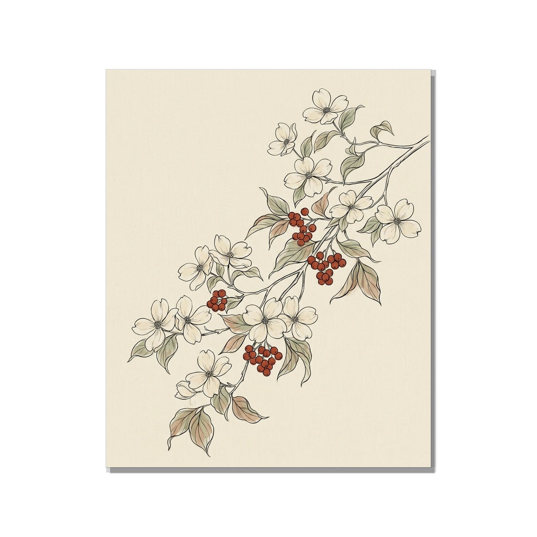 Tableau canvas cornouiller décoration, illustration botanique minimaliste branche fleurs crème et baies terracotta sur fond beige, 40×60 cm, fond blanc studio