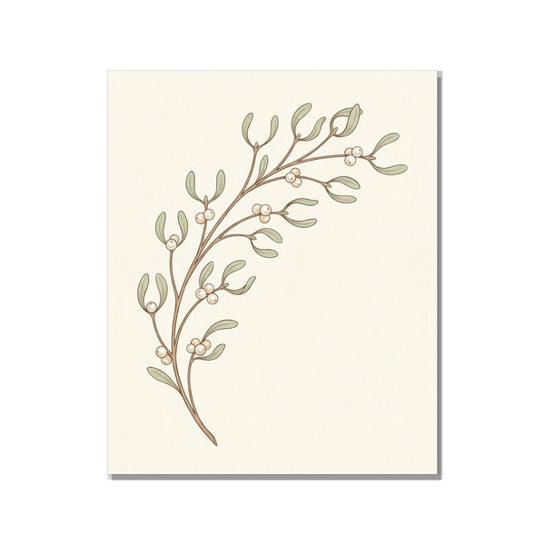 Tableau canvas illustration botanique minimaliste représentant une branche de gui aux baies nacrées, encre fine sur fond écru, 40×60 cm, fond blanc studio