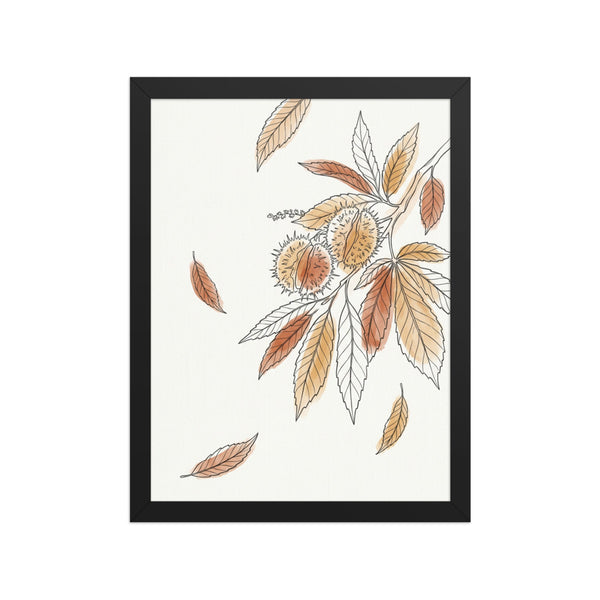 Affiche chambre botanique épurée représentant une branche de châtaignier en fleur, line-art noir sur fond crème, cadre bois 30×40 cm, fond blanc studio