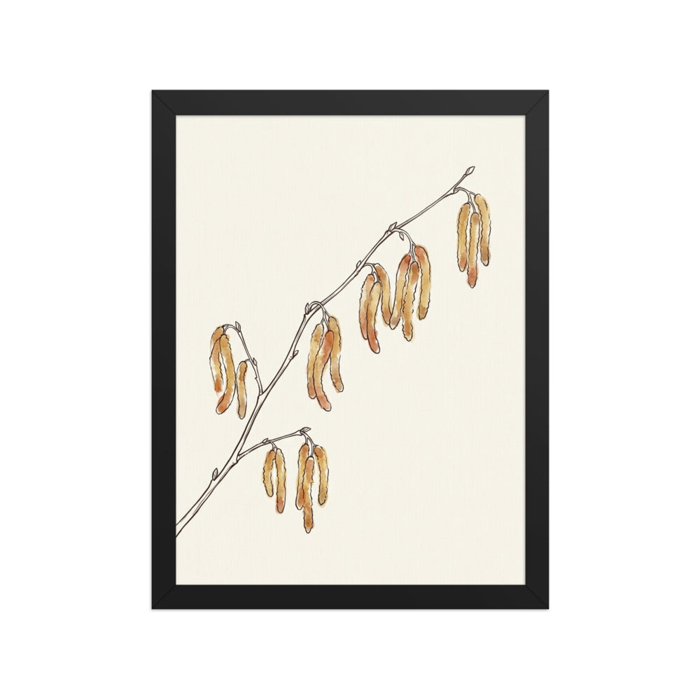 Tableau fleur noisetier décoration murale, affiche encadrée 30×40 cm, impression giclée sur papier mat galerie, tons terracotta et ocre sur fond blanc cassé, cadre bois inclus