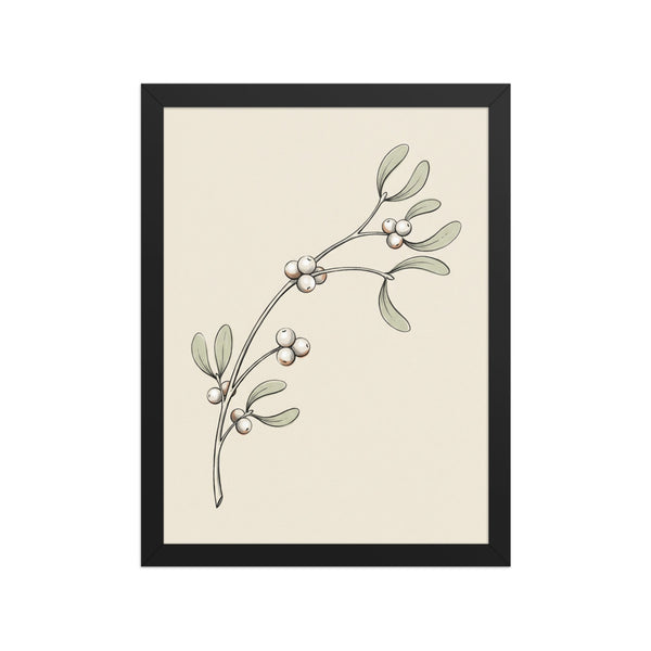 Affiche gui décoration murale encadrée 30×40 cm, illustration botanique à l'encre fine sur fond écru, cadre bois, fond blanc studio