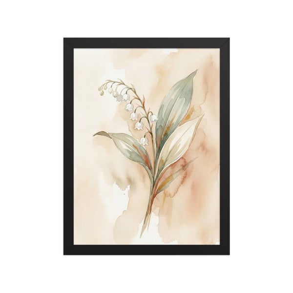Affiche encadrée botanique muguet sur fond blanc, impression giclée 30×40 cm, cadre bois inclus, branche aquarelle aux clochettes blanches sur fond nude crème