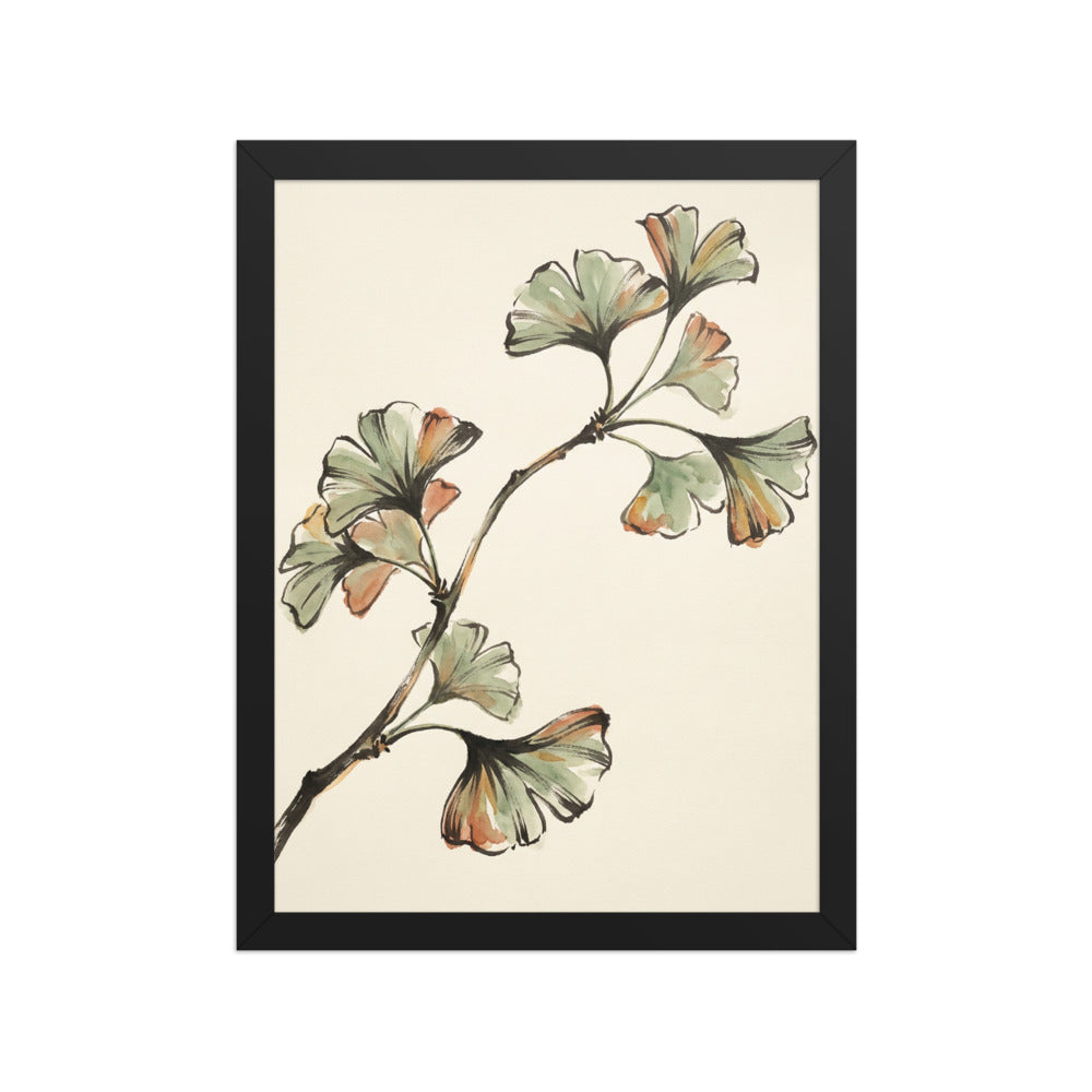 Tableau ginkgo biloba encadré 30×40 cm sur fond blanc – illustration botanique à l'encre fine, palette terracotta et vert sauge, cadre bois, prêt à accrocher