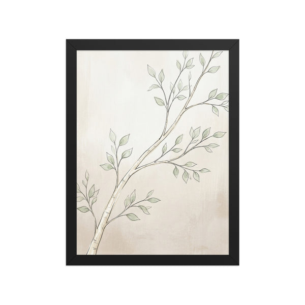 Affiche encadrée branche bouleau minimaliste 30×40 cm, impression giclée sur papier mat galerie, cadre bois, fond beige chaud et touches de vert sauge — vue packshot fond blanc