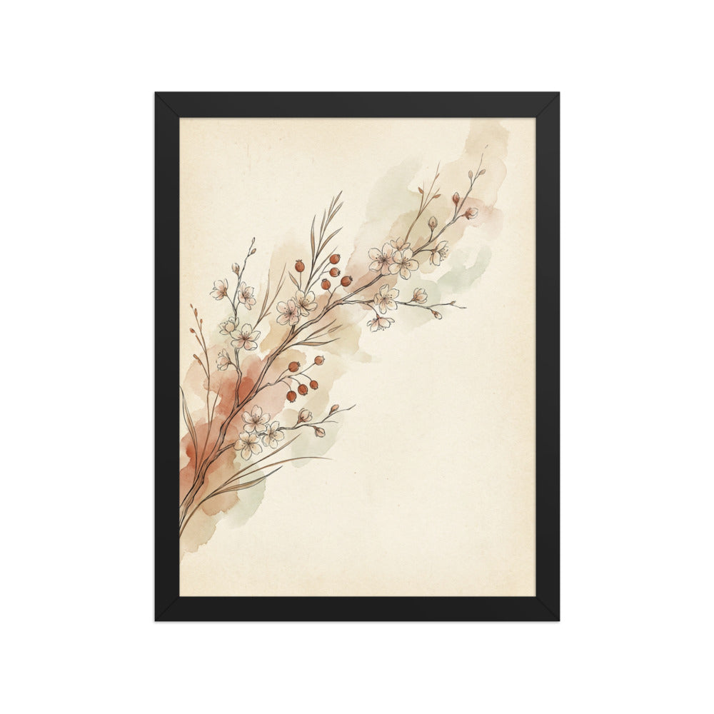 Affiche encadrée botanique minimaliste 30×40 cm, aquarelle branche de cerisier et baies séchées, tons terra cotta, vert sauge et beige sur fond crème, cadre bois inclus, fond blanc studio.