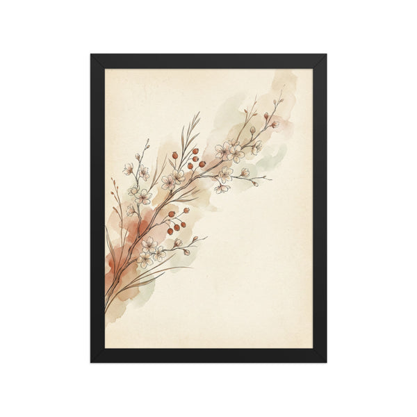Affiche encadrée botanique minimaliste 30×40 cm, aquarelle branche de cerisier et baies séchées, tons terra cotta, vert sauge et beige sur fond crème, cadre bois inclus, fond blanc studio.