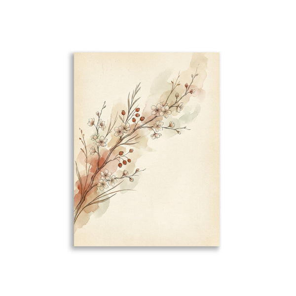 Poster branche cerisier printemps sur fond blanc – affiche aquarelle minimaliste tons terra cotta, beige et vert sauge, papier mat galerie 30×40 cm