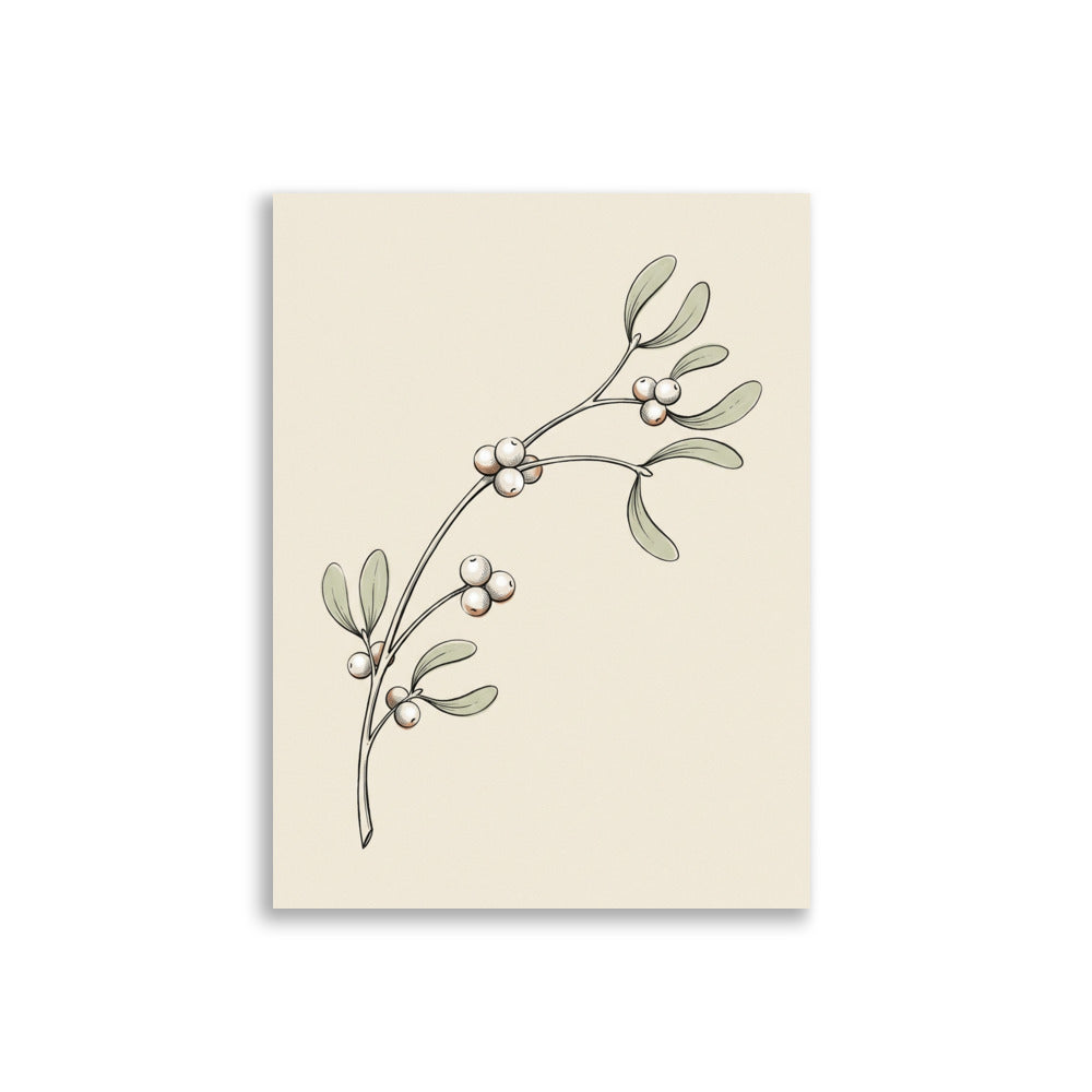 Poster illustration gui minimaliste sur fond blanc — branche encre fine, baies nacrées et feuilles vert sauge, format 30×40 cm papier mat galerie