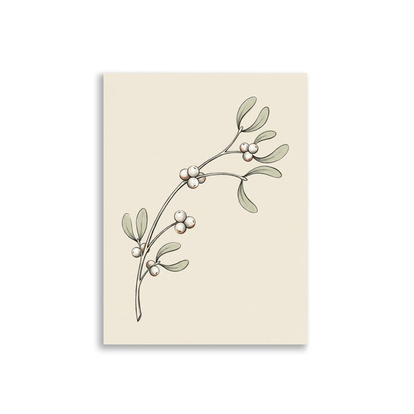 Poster illustration gui minimaliste sur fond blanc — branche encre fine, baies nacrées et feuilles vert sauge, format 30×40 cm papier mat galerie