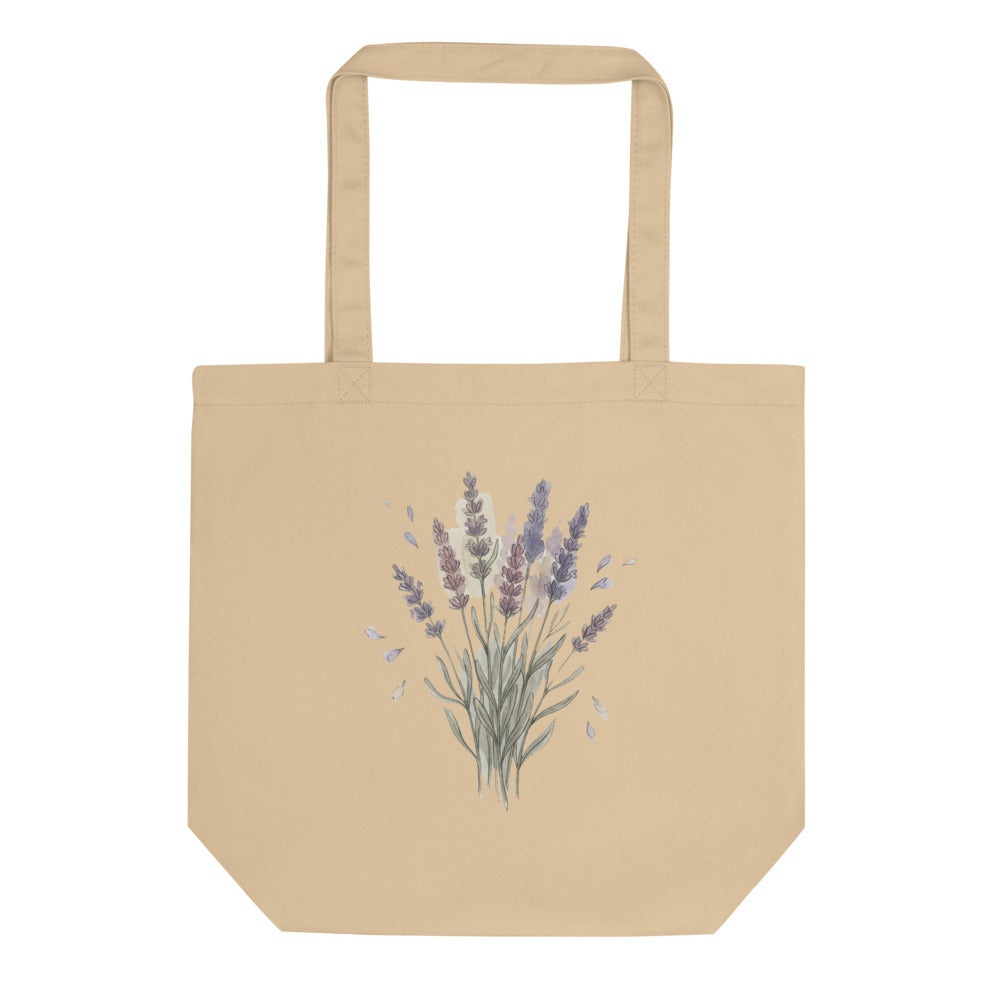 Tote bag lavande illustration botanique aquarelle, épis violet doux et vert sauge sur toile coton 38×42 cm, fond blanc