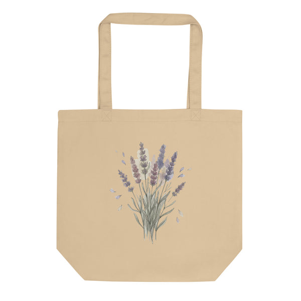 Tote bag lavande illustration botanique aquarelle, épis violet doux et vert sauge sur toile coton 38×42 cm, fond blanc