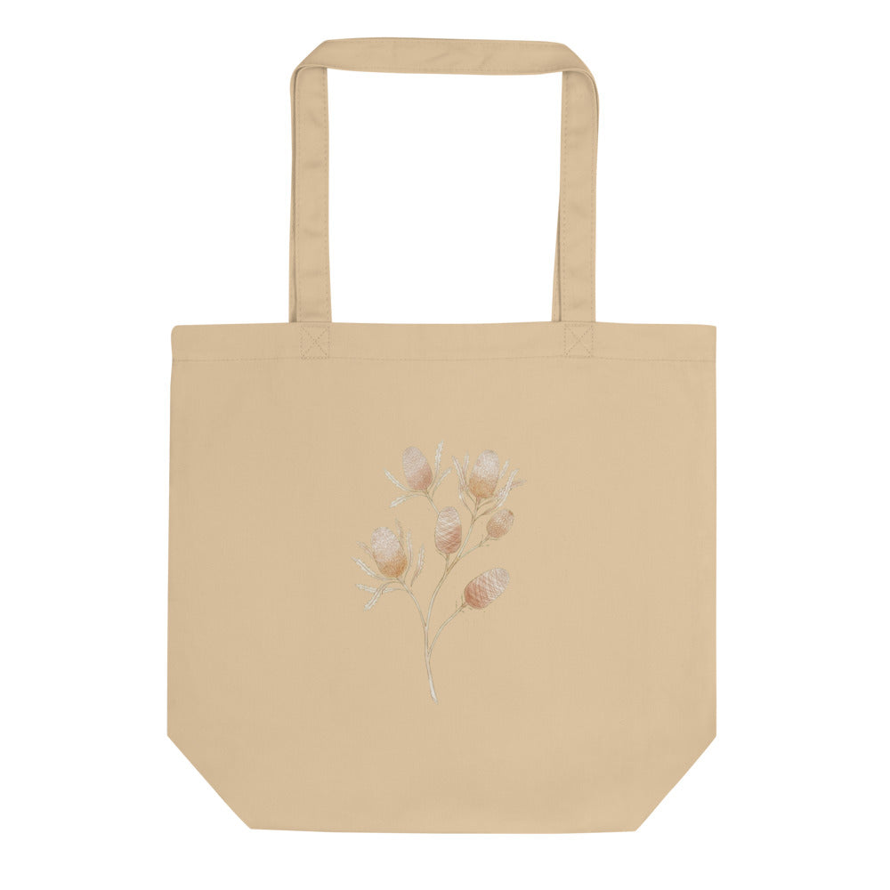 Tote bag botanique minimaliste en toile de coton, illustration banksia australienne aquarelle, palette nude terracotta et ivoire — vue de face sur fond blanc