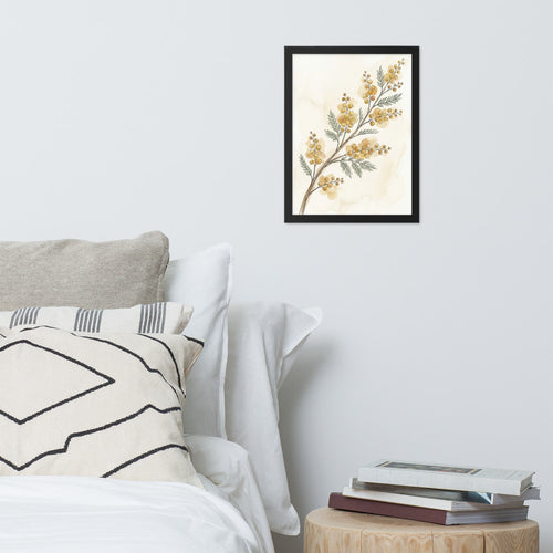 Affiche botanique encadrée acacia australien aquarelle, palette beige or vert sauge, cadre bois 30×40 cm accroché dans un salon minimaliste slow-living