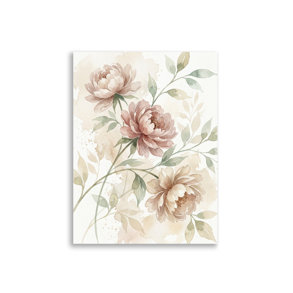 Affiche botanique aquarelle pivoines sauvages nude-rosé sur fond blanc cassé, papier mat galerie 30×40 cm, fond blanc studio