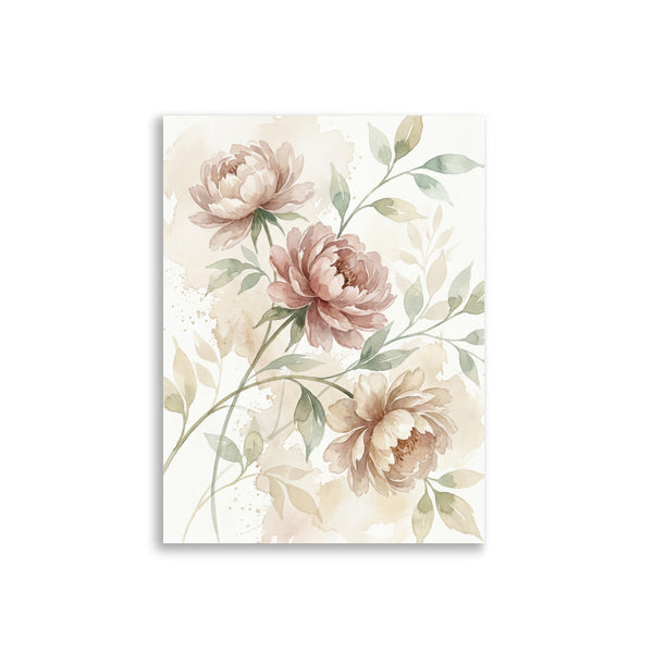 Affiche botanique aquarelle pivoines sauvages nude-rosé sur fond blanc cassé, papier mat galerie 30×40 cm, fond blanc studio