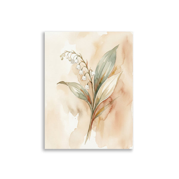 Affiche botanique muguet aquarelle sur fond blanc – tirage 30×40 cm, papier mat qualité galerie, clochettes blanches et feuilles vert sauge sur fond nude crème