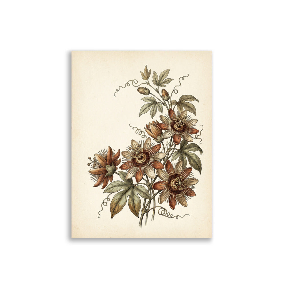 Affiche passiflore décoration murale sur fond blanc – gravure botanique vintage aux tons terracotta, ocre et beige ivoire, format 30×40 cm, papier mat galerie