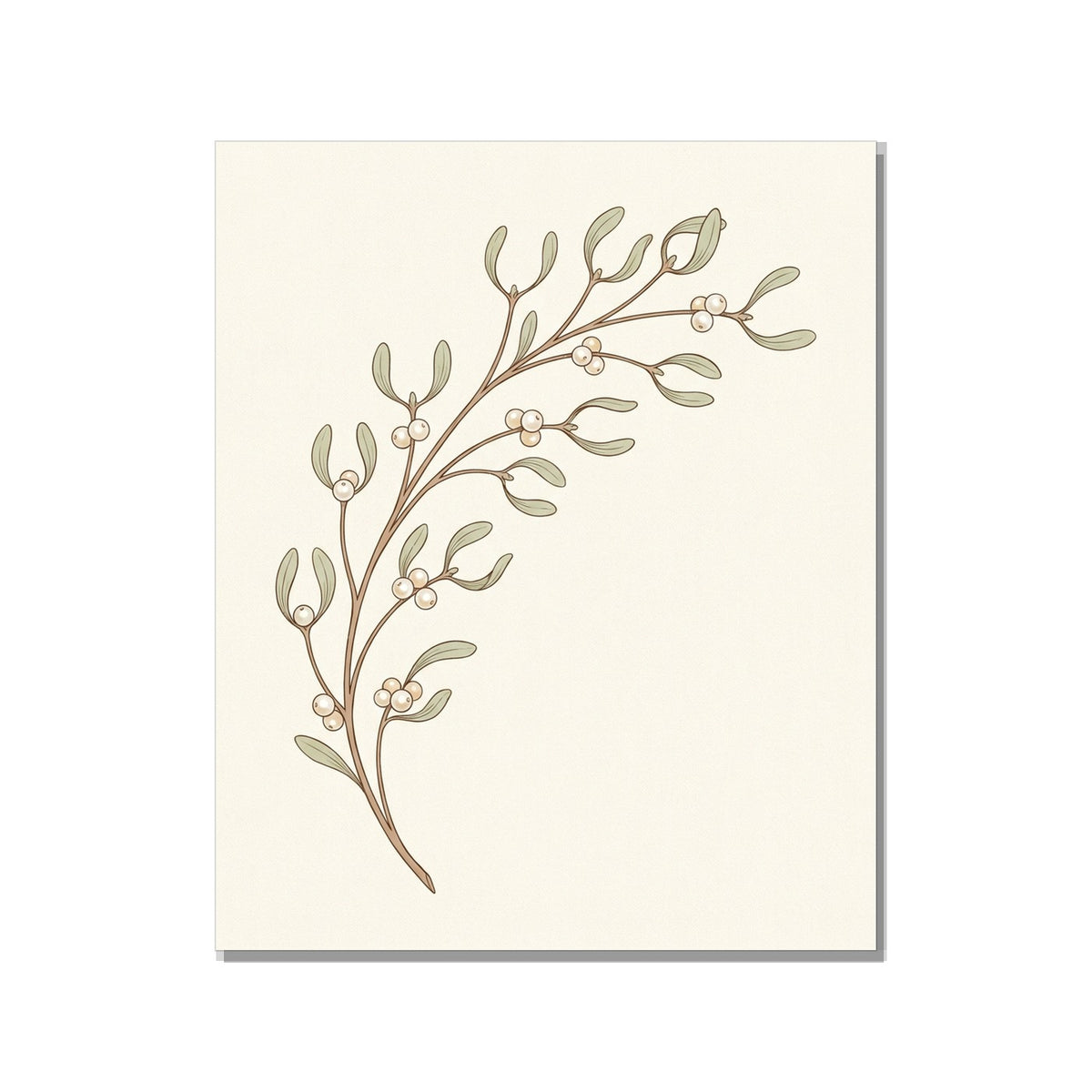 Tableau canvas illustration botanique minimaliste représentant une branche de gui aux baies nacrées, encre fine sur fond écru, 40×60 cm, fond blanc studio