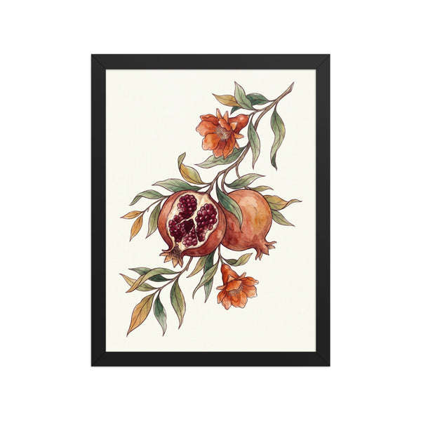 Affiche grenadier décoration murale encadrée 30×40 cm, aquarelle linéaire sur fond crème ivoire, palette terracotta bordeaux et vert sauge, cadre bois inclus — vue packshot sur fond blanc