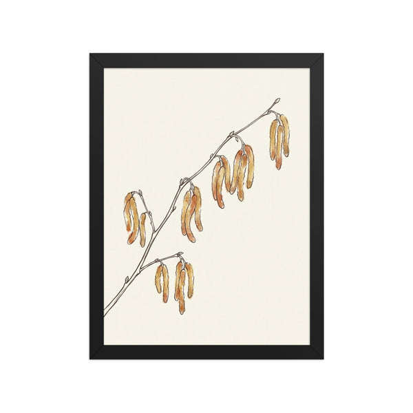 Tableau fleur noisetier décoration murale, affiche encadrée 30×40 cm, impression giclée sur papier mat galerie, tons terracotta et ocre sur fond blanc cassé, cadre bois inclus
