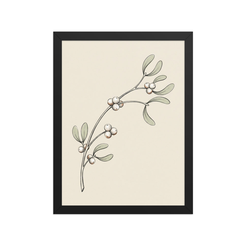 Affiche gui décoration murale encadrée 30×40 cm, illustration botanique à l'encre fine sur fond écru, cadre bois, fond blanc studio