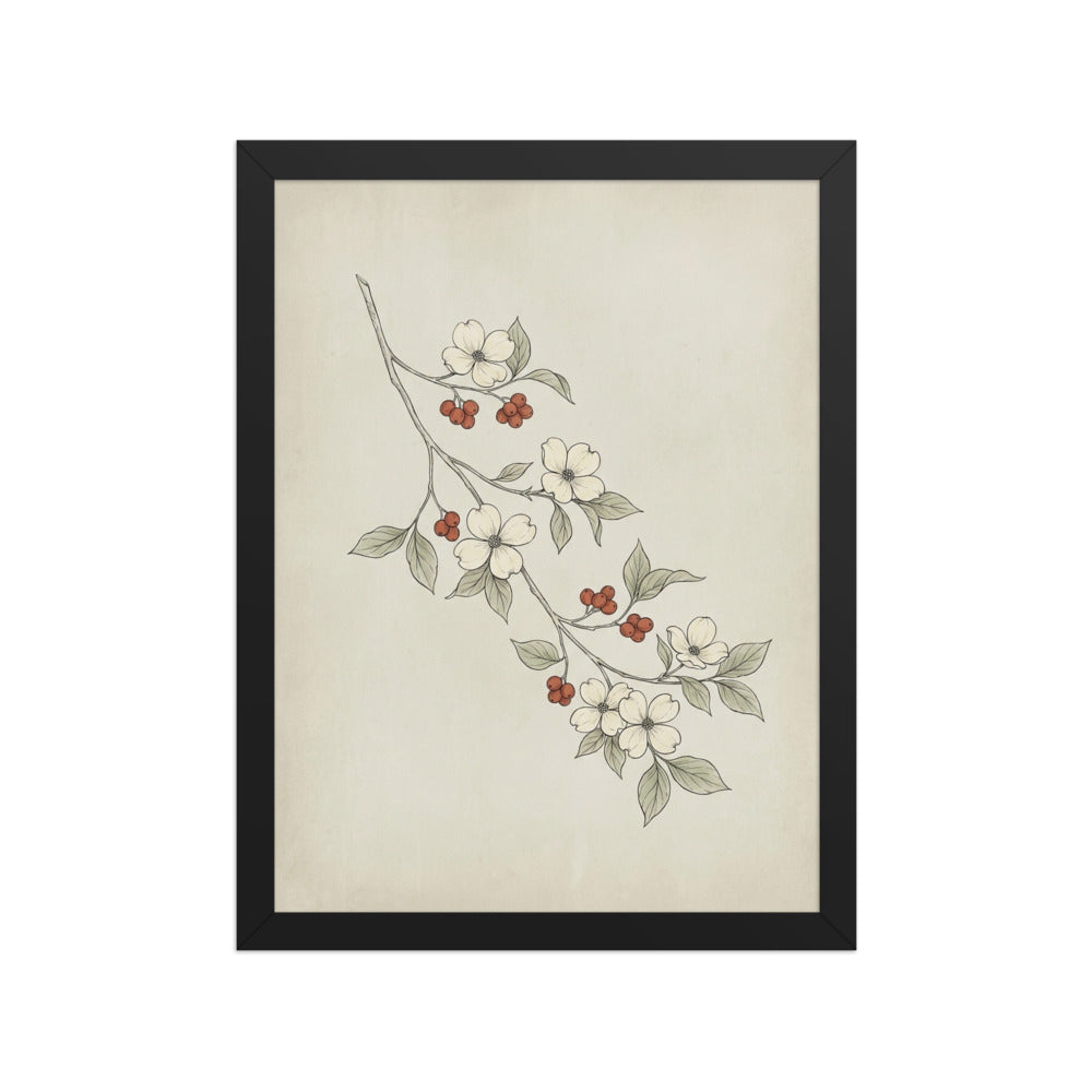 Affiche murale botanique scandinave encadrée représentant une branche de cornouiller en trait fin, fleurs blanc-crème et baies terracotta sur fond parchemin, cadre bois 30×40 cm, fond blanc studio