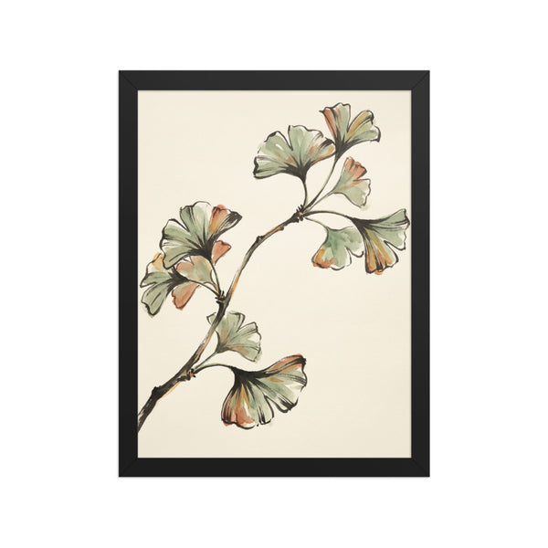 Tableau ginkgo biloba encadré 30×40 cm sur fond blanc – illustration botanique à l'encre fine, palette terracotta et vert sauge, cadre bois, prêt à accrocher