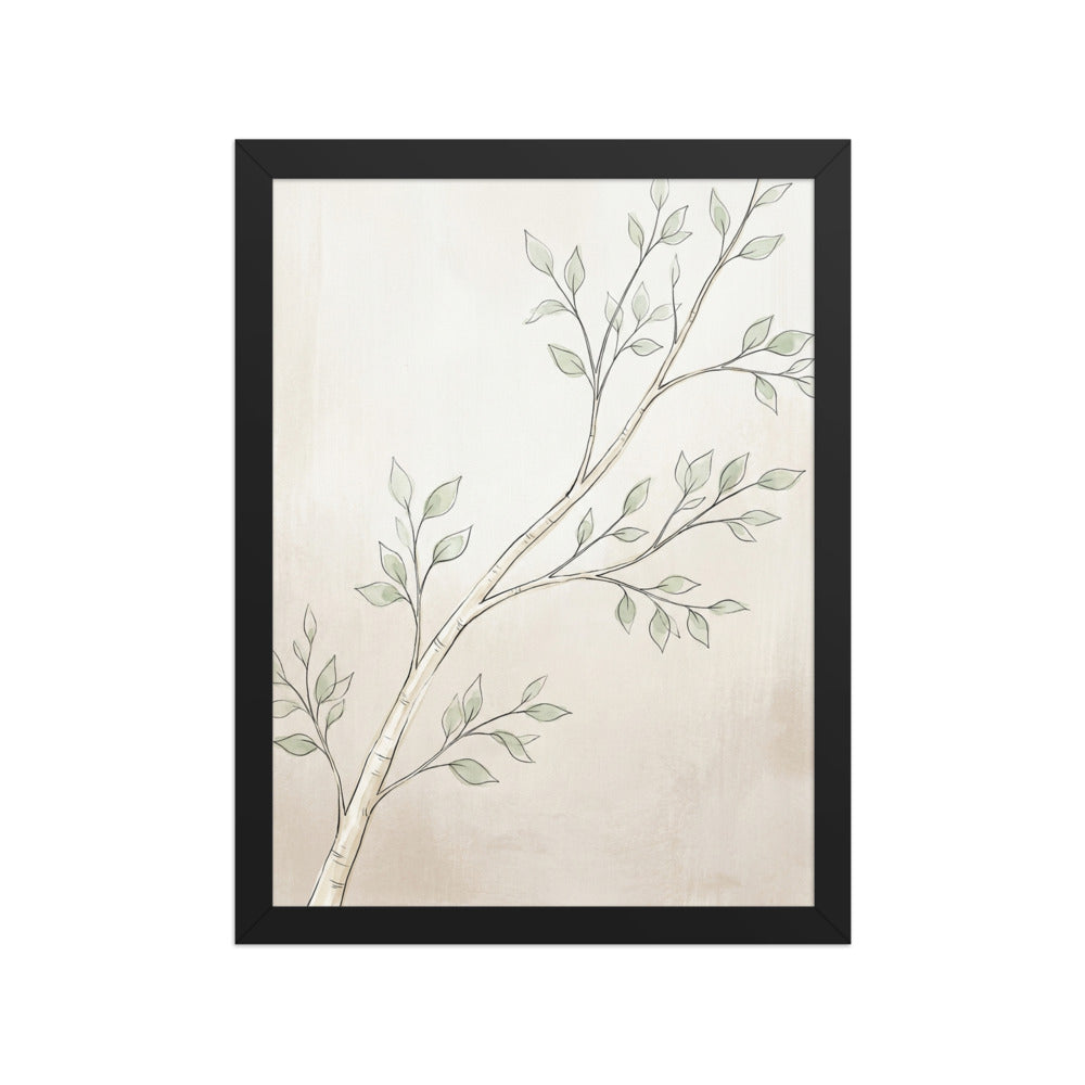 Affiche encadrée branche bouleau minimaliste 30×40 cm, impression giclée sur papier mat galerie, cadre bois, fond beige chaud et touches de vert sauge — vue packshot fond blanc