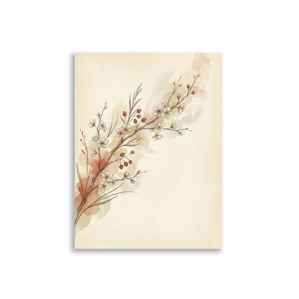 Poster branche cerisier printemps sur fond blanc – affiche aquarelle minimaliste tons terra cotta, beige et vert sauge, papier mat galerie 30×40 cm