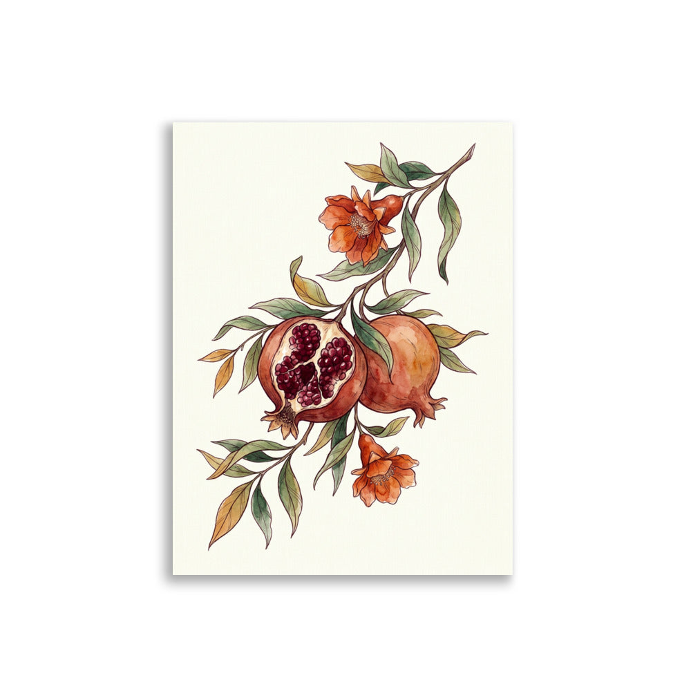 Affiche botanique grenadier aquarelle sur fond blanc — branche avec fruits rubis, fleurs orangées et feuilles vert sauge, format 30×40 cm