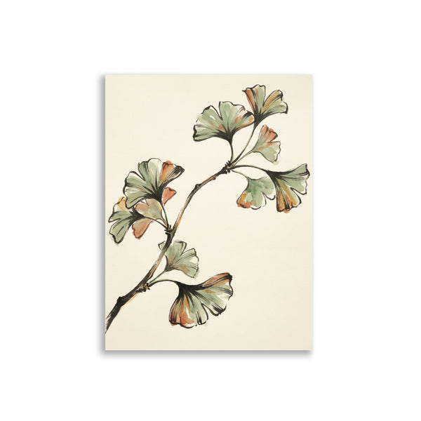 Affiche botanique ginkgo biloba sur fond blanc – illustration encre fine, palette terracotta et vert sauge, format 30×40 cm papier mat galerie