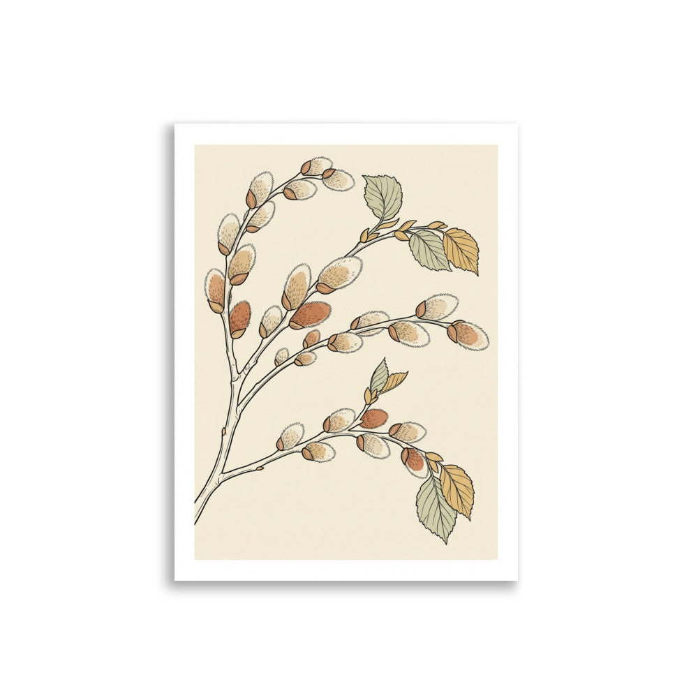 Affiche branche noisetier décoration murale sur fond blanc, impression haute définition papier mat galerie 30×40 cm, palette terracotta beige et vert sauge