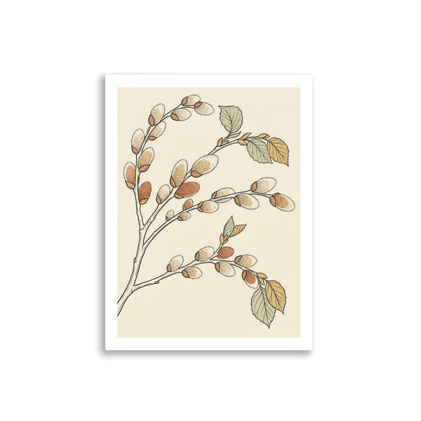 Affiche branche noisetier décoration murale sur fond blanc, impression haute définition papier mat galerie 30×40 cm, palette terracotta beige et vert sauge