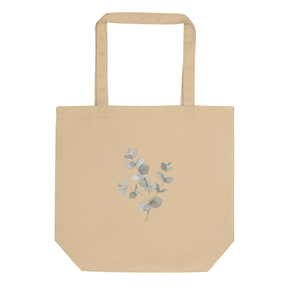 Tote bag botanique minimaliste en toile de coton, illustration eucalyptus aquarelle vert sauge et gris poudré sur fond blanc, vue de face
