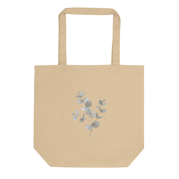 Tote bag botanique minimaliste en toile de coton, illustration eucalyptus aquarelle vert sauge et gris poudré sur fond blanc, vue de face