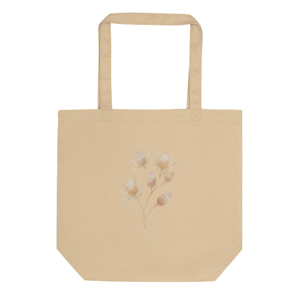 Tote bag botanique minimaliste en toile de coton, illustration banksia australienne aquarelle, palette nude terracotta et ivoire — vue de face sur fond blanc