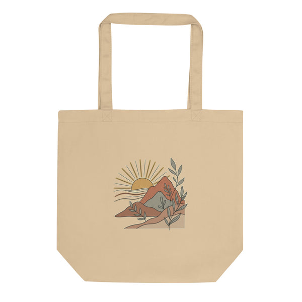 Tote bag montagne minimaliste face – illustration soleil levant en aplats terracotta, ocre et vert sauge sur toile de coton 38×42 cm